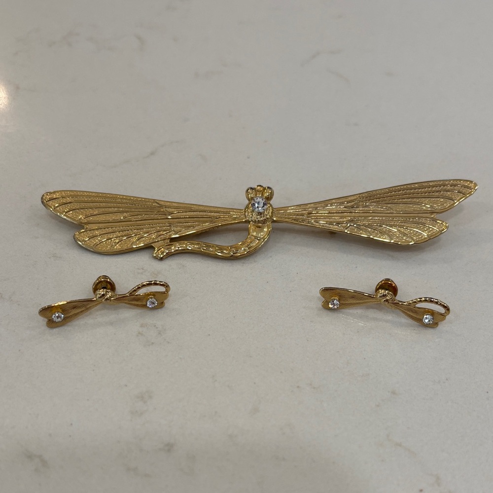 Gold Tone Dragonfly Brooch Set